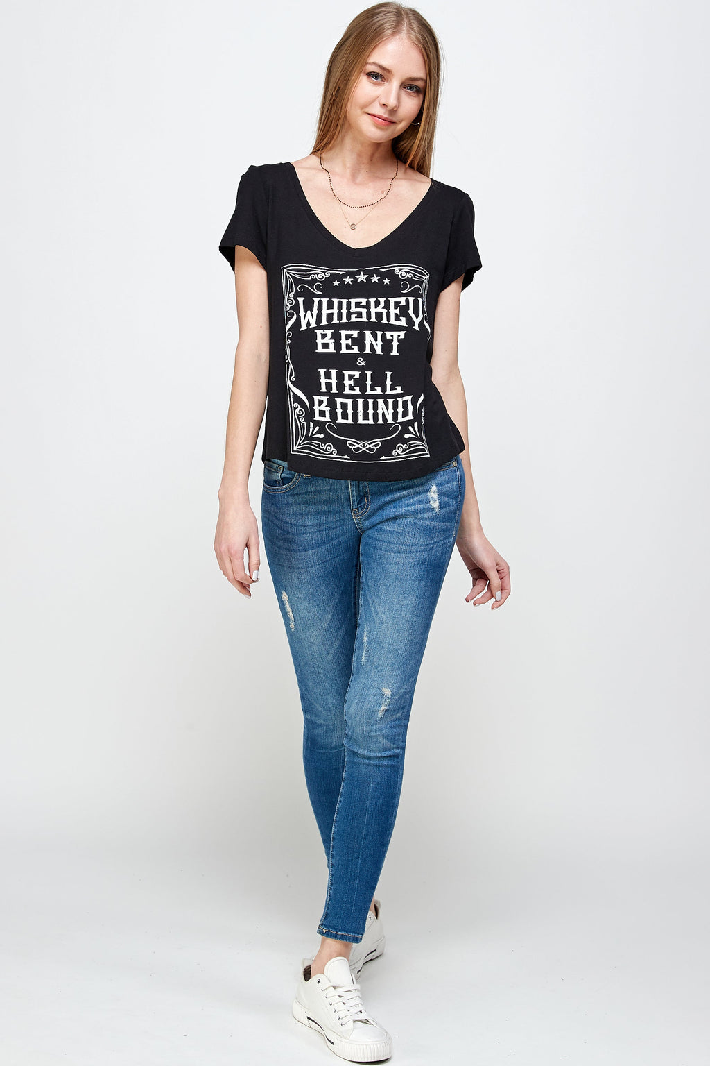 WHISKEY BENT AND HELL BOUND SHORT SLEEVE V NECK TOP