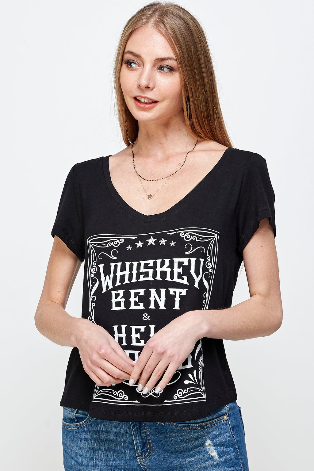WHISKEY BENT AND HELL BOUND SHORT SLEEVE V NECK TOP