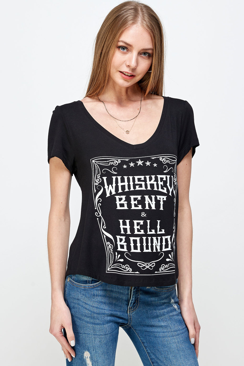 WHISKEY BENT AND HELL BOUND SHORT SLEEVE V NECK TOP