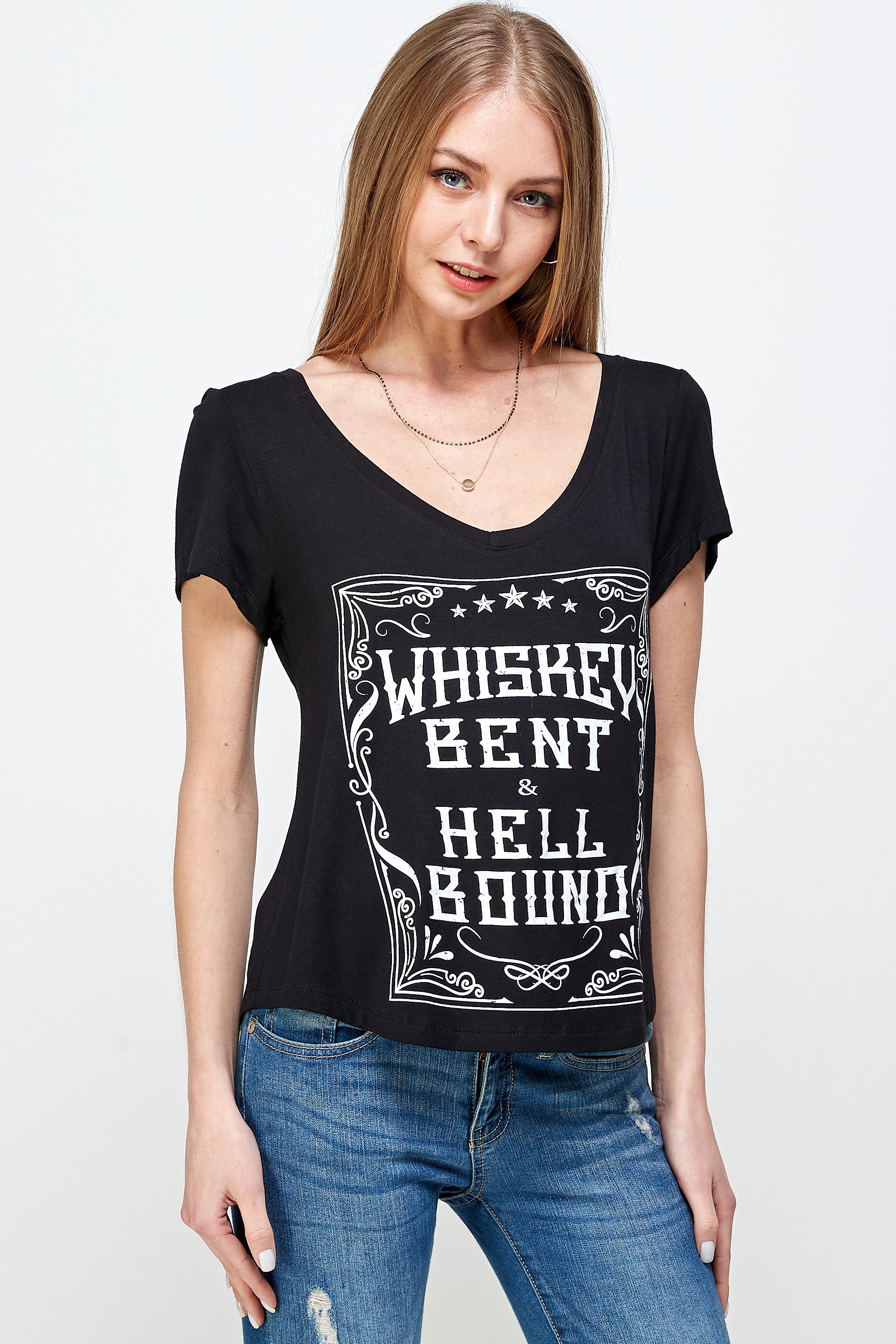 WHISKEY BENT AND HELL BOUND SHORT SLEEVE V NECK TOP
