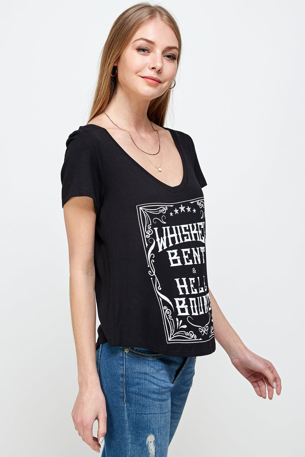 WHISKEY BENT AND HELL BOUND SHORT SLEEVE V NECK TOP