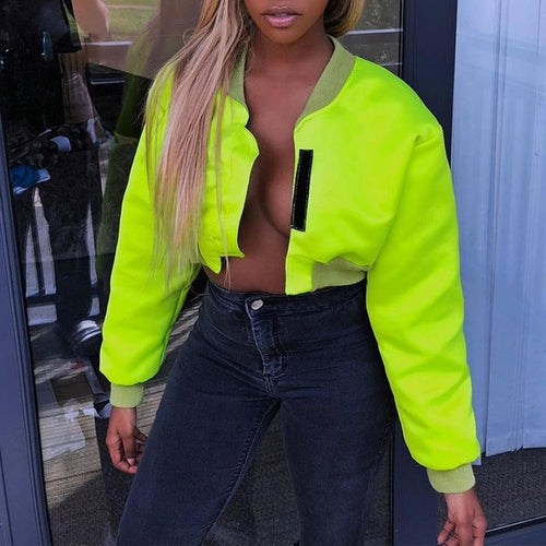 Neon streetwear velcro bomber jacket Women autumn solid