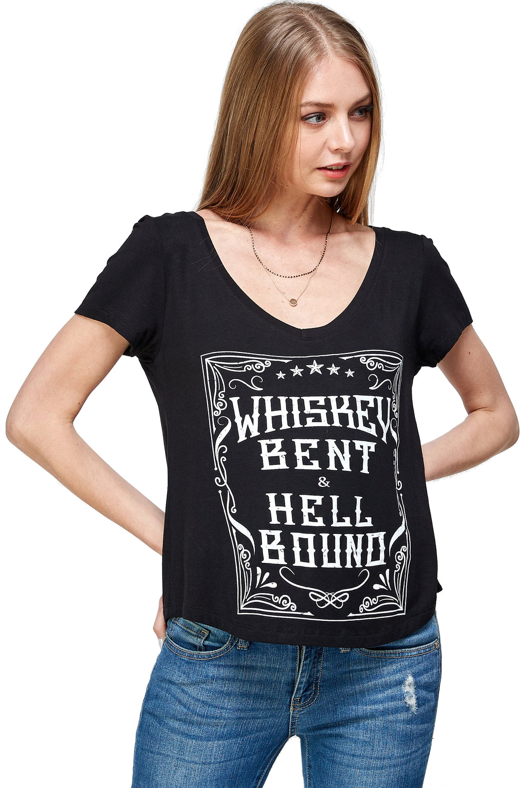 WHISKEY BENT AND HELL BOUND SHORT SLEEVE V NECK TOP