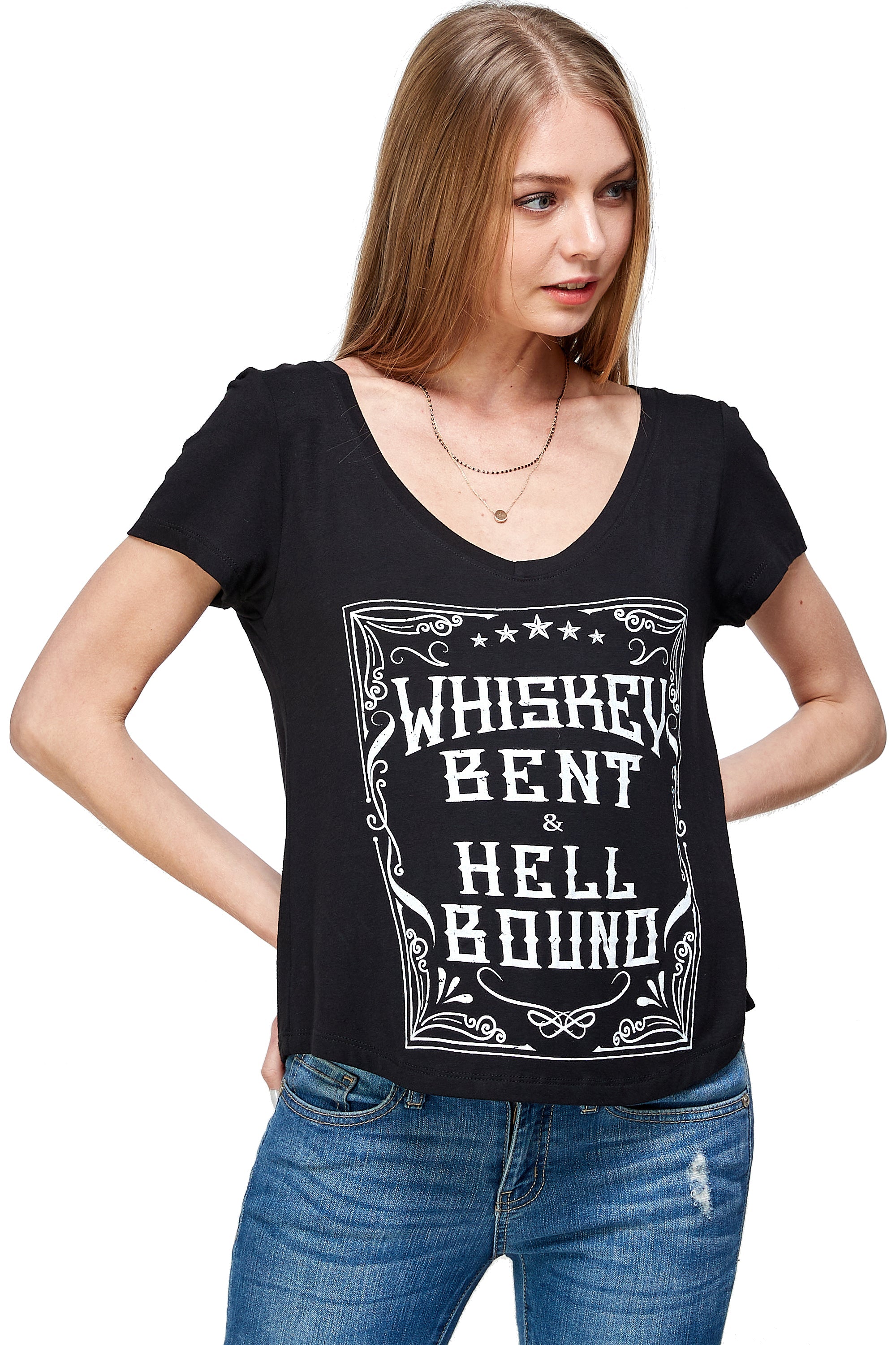 WHISKEY BENT AND HELL BOUND SHORT SLEEVE V NECK TOP